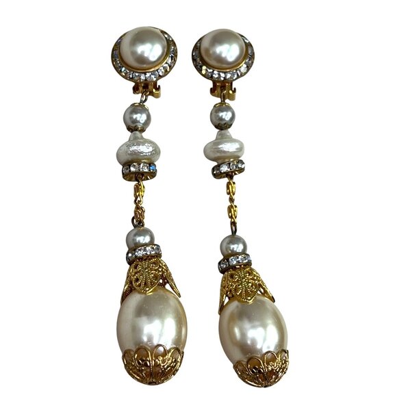 Rhinestone Pearl Drop Dangle Statement Earrings Filigree Gold Sparkle Clip On - Picture 1 of 7